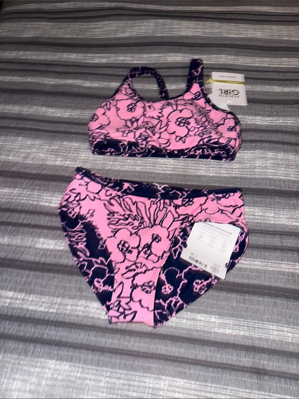 Athleta Girl NWT Pink & Navy Floral Reversible Bikini Set + Black Romper Size 12